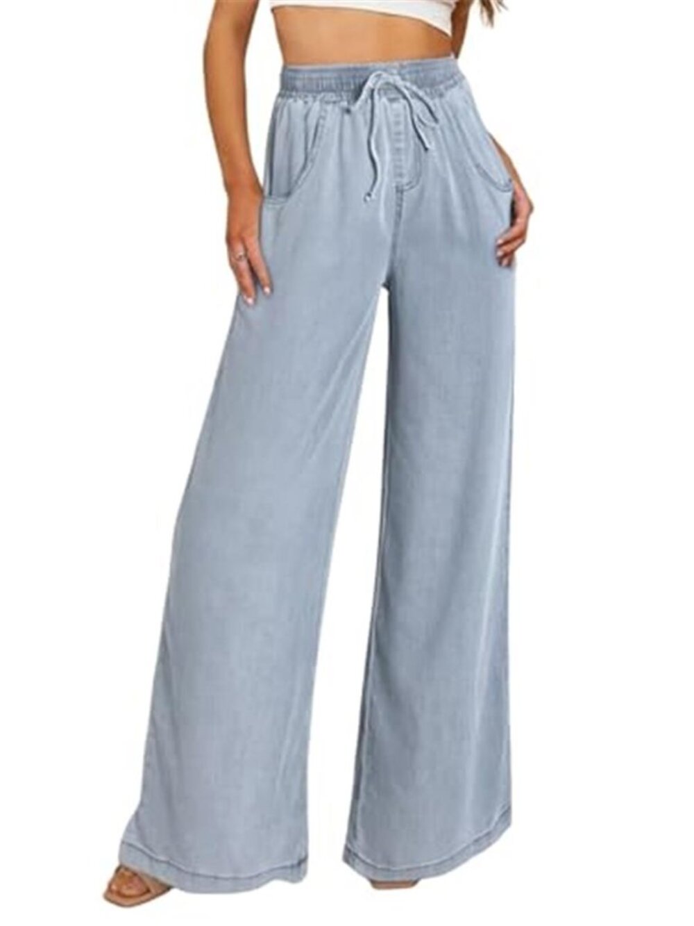 Womens Wide Leg Jeans High Waisted Drawstring Baggy Tencel Denim Pants